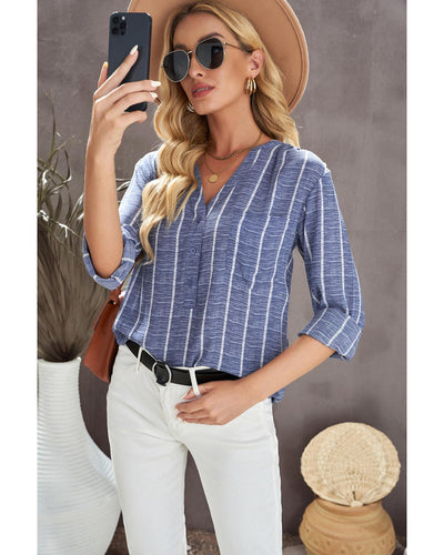 Azura Exchange Striped V Neck Pocket Long Sleeve Top - M