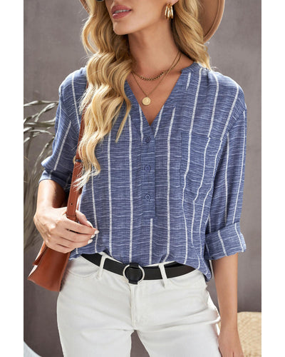 Azura Exchange Striped V Neck Pocket Long Sleeve Top - XL