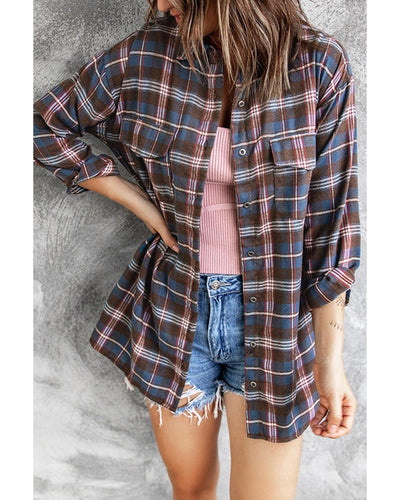 Azura Exchange Long Sleeve Plaid Shirt with Pocket Buttons - M