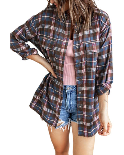 Azura Exchange Long Sleeve Plaid Shirt with Pocket Buttons - M