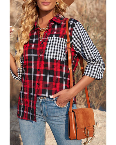 Azura Exchange Plaid Splicing Hit Color Pockets Long Sleeve Shirt - M