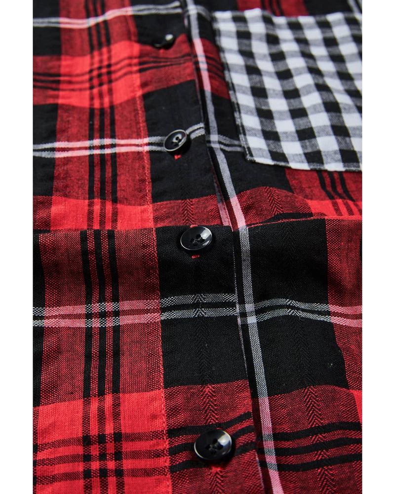 Azura Exchange Plaid Splicing Hit Color Pockets Long Sleeve Shirt - XL