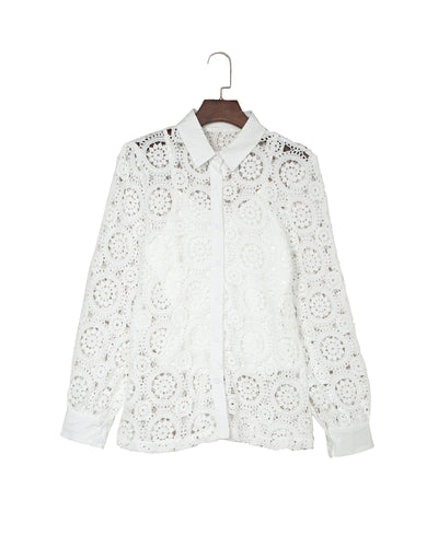 Azura Exchange Lace Hollow-out Shirt with Turn-down Collar - L