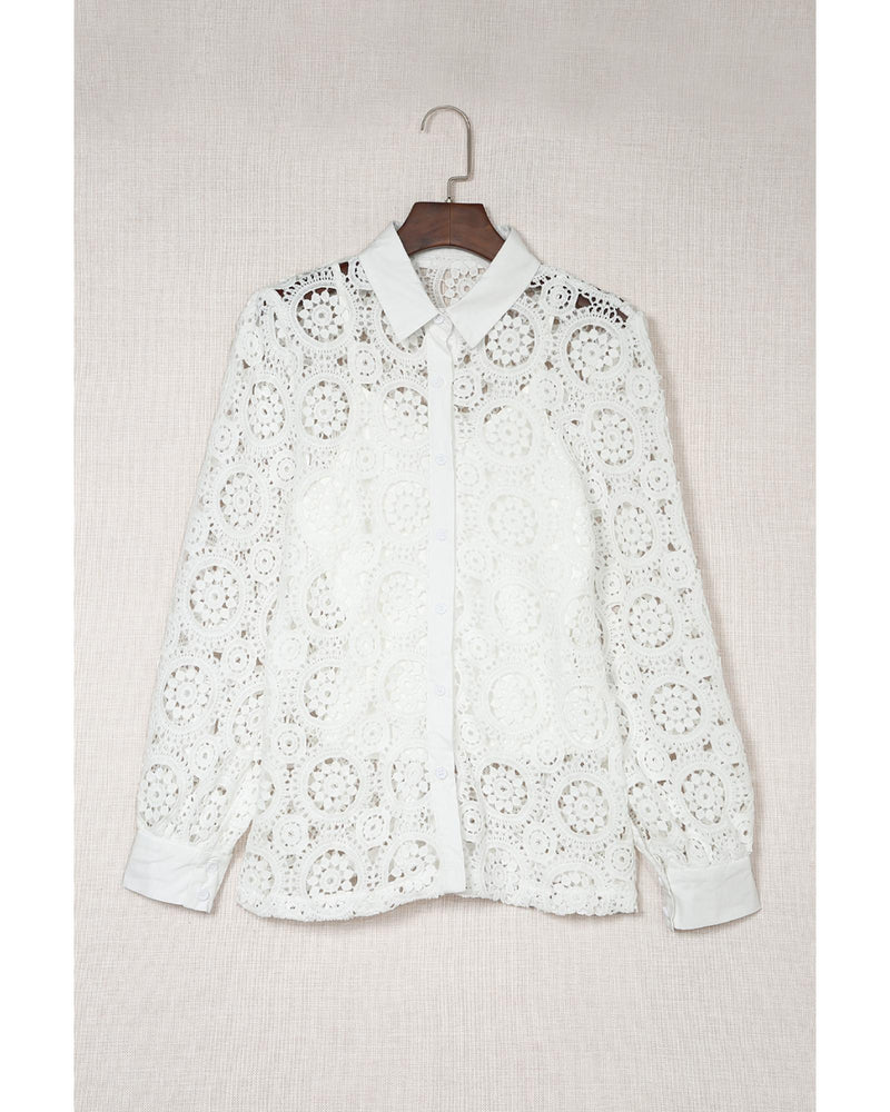 Azura Exchange Lace Hollow-out Shirt with Turn-down Collar - L