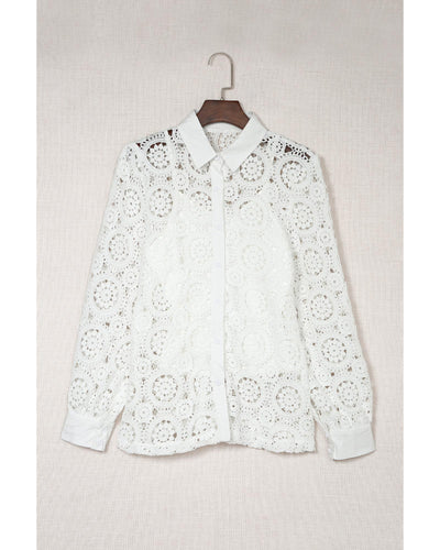 Azura Exchange Lace Hollow-out Shirt with Turn-down Collar - M