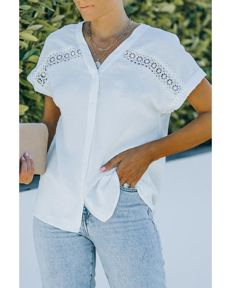 Azura Exchange Lace Splicing Buttoned Short Sleeve Shirt - M