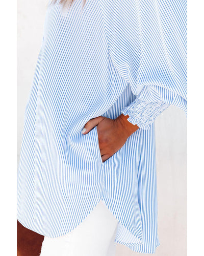 Azura Exchange Striped Boyfriend Shirt with Smocked Cuffs and Pocket - L
