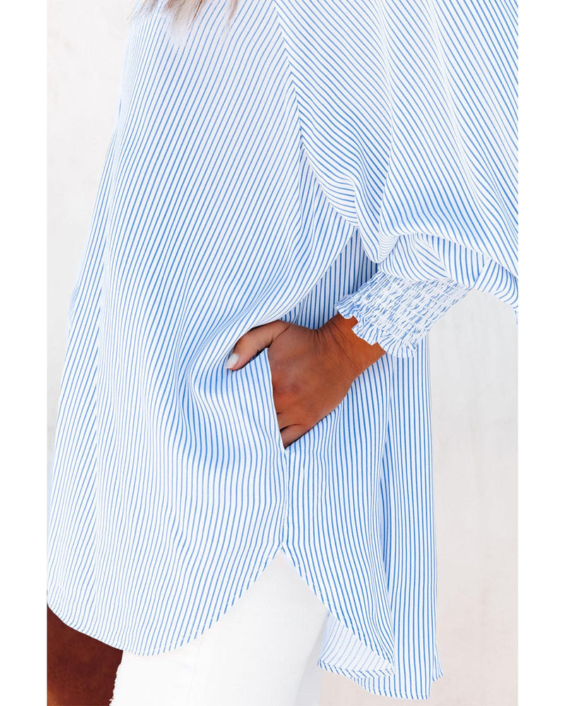 Azura Exchange Striped Boyfriend Shirt with Smocked Cuffs and Pocket - L