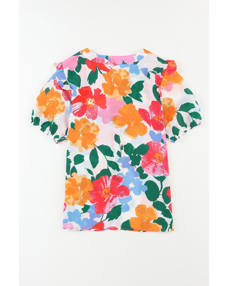Azura Exchange Floral Print Ruffle Trim Puff Sleeve Shirt - L