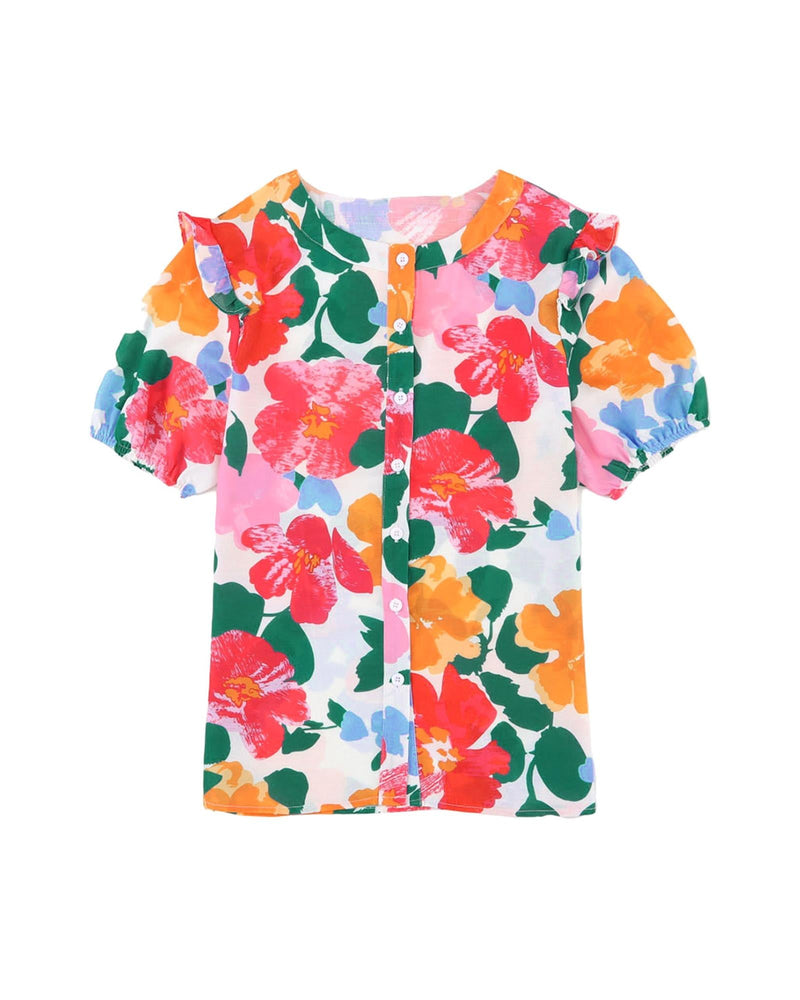 Azura Exchange Floral Print Ruffle Trim Puff Sleeve Shirt - M