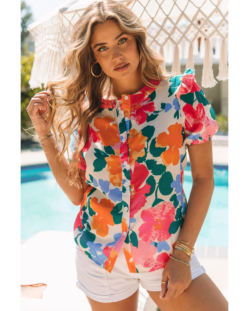Azura Exchange Floral Print Ruffle Trim Puff Sleeve Shirt - M