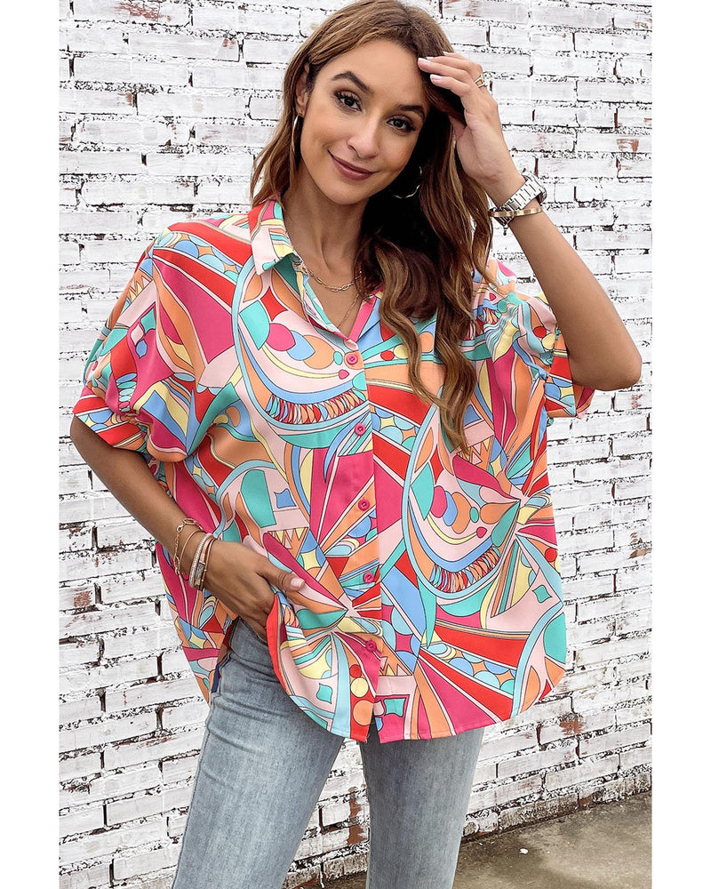 Azura Exchange Abstract Geometry Print Half Puff Sleeve Shirt - L