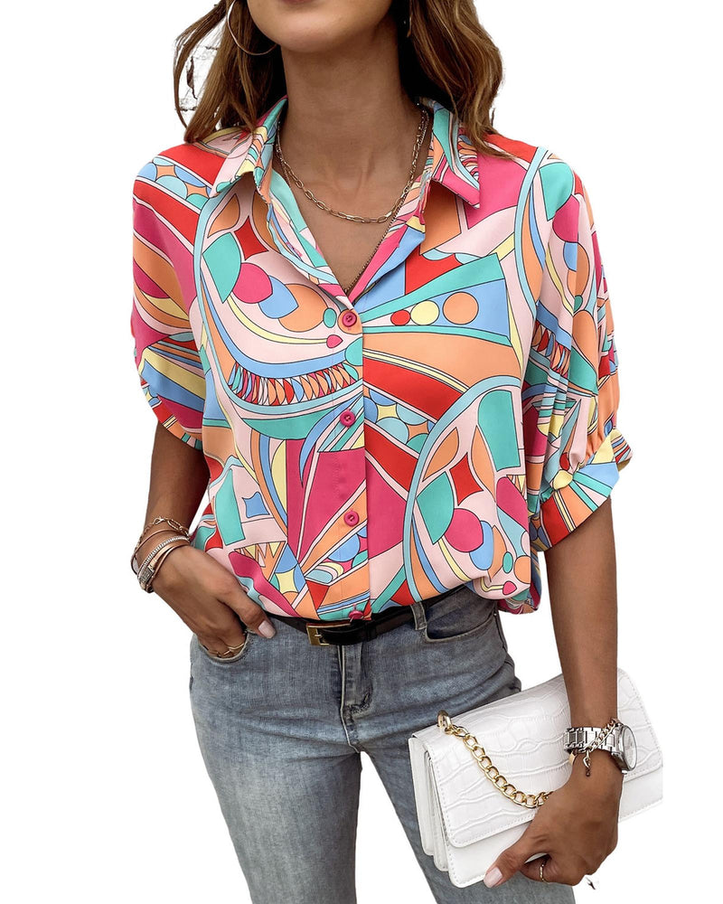 Azura Exchange Abstract Geometry Print Half Puff Sleeve Shirt - L