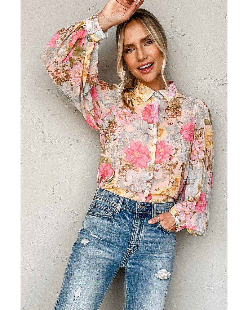 Azura Exchange Floral Collared Shirt with Puff Sleeves - M