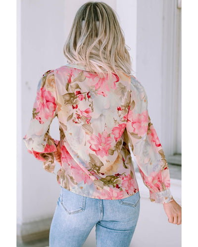 Azura Exchange Floral Collared Shirt with Puff Sleeves - M