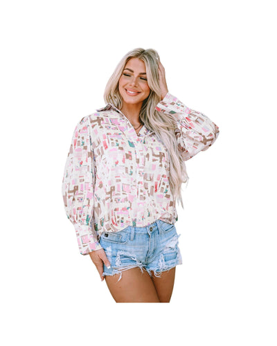 Azura Exchange Abstract Print Lantern Sleeve Casual Shirt - S