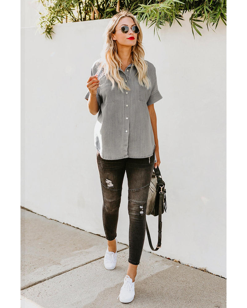 Azura Exchange Denim Shirt with Turn-down Collar - 2XL