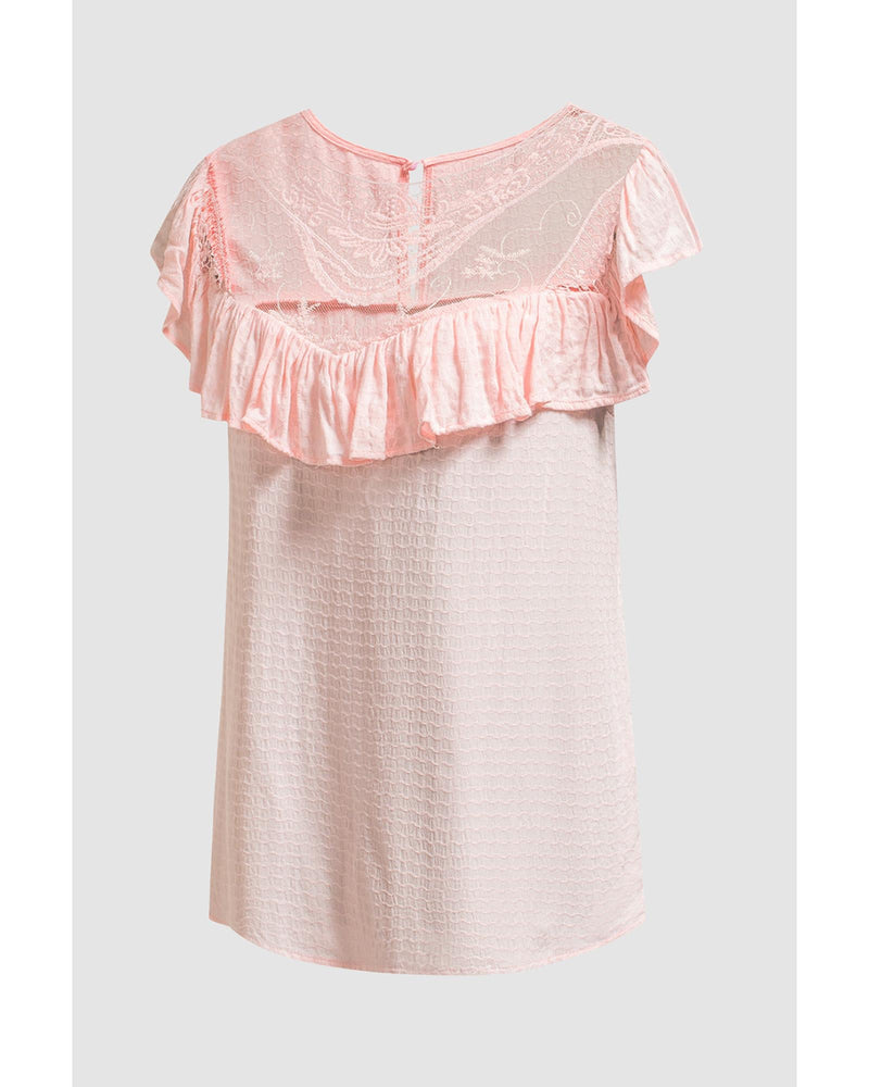 Azura Exchange Lace Splicing Ruffled Short Sleeve T-shirt - M