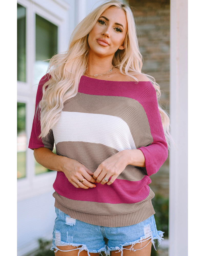 Azura Exchange Half Sleeve Contrast Stripe Knit Sweater - L