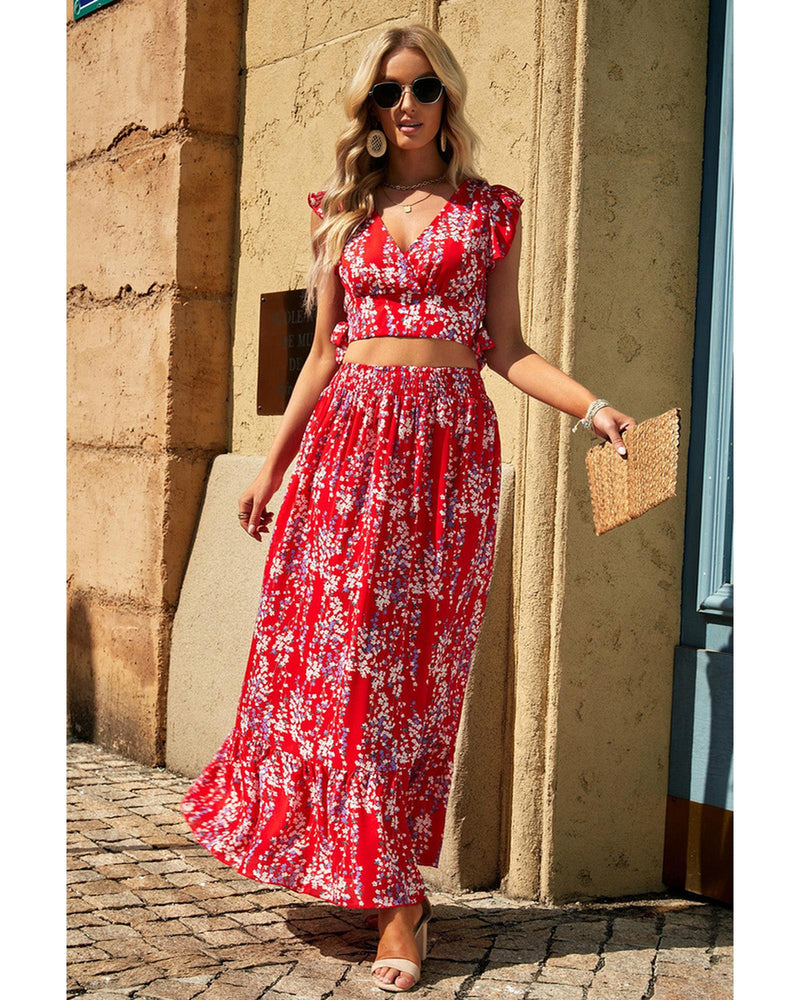 Azura Exchange Floral Ruffled Crop Top and Maxi Skirt Set - S