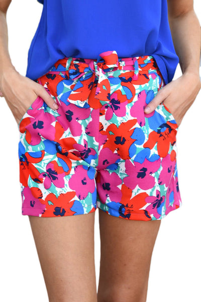 Azura Exchange Belted Floral Print Shorts - 12 US