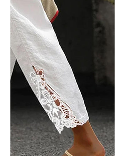 Azura Exchange Lace Splicing Drawstring Casual Cotton Pants - XL