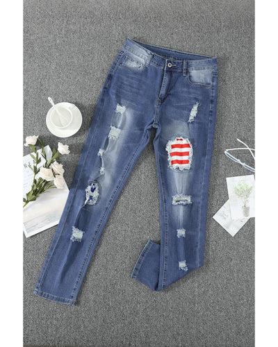 Azura Exchange Stripes and Stars Patches Ripped Jeans - M