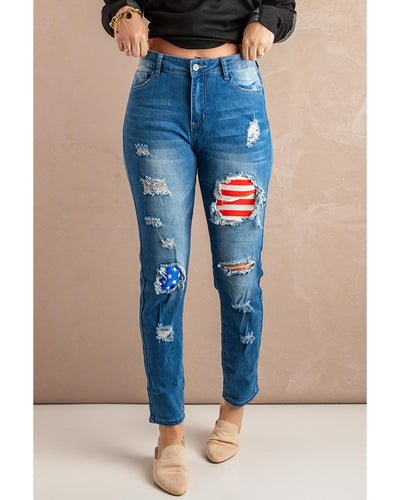 Azura Exchange Stripes and Stars Patches Ripped Jeans - M