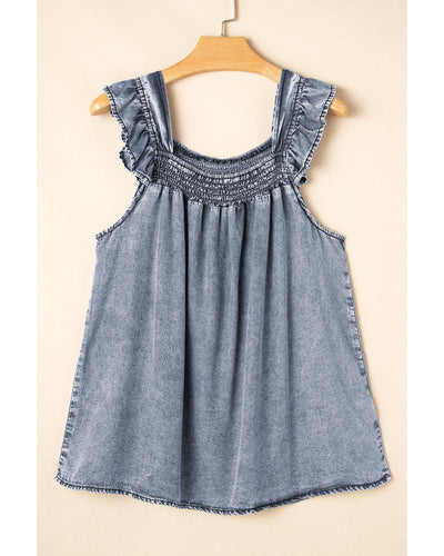 Ashleigh Blue Ruffled Shirred Neckline Sleeveless Denim Tank Top - L
