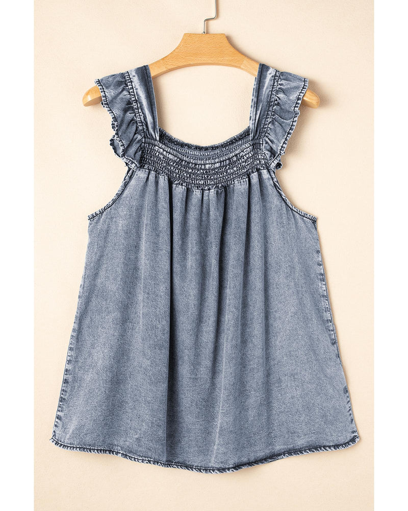 Ashleigh Blue Ruffled Shirred Neckline Sleeveless Denim Tank Top - L