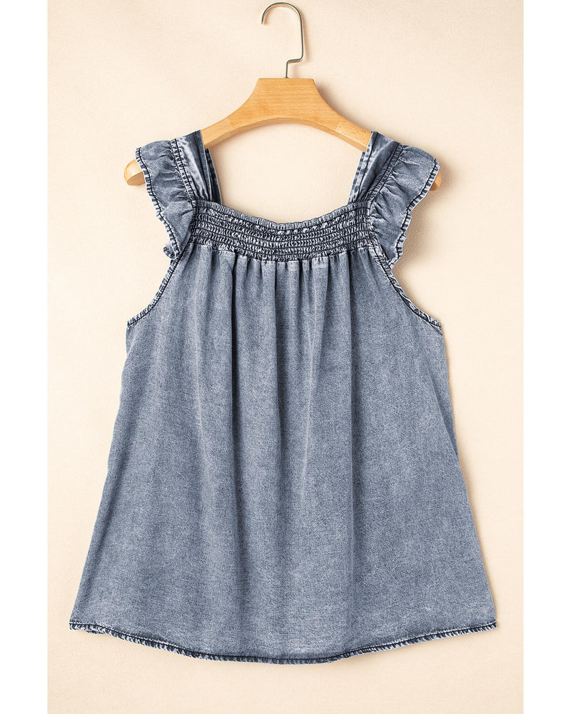 Ashleigh Blue Ruffled Shirred Neckline Sleeveless Denim Tank Top - L