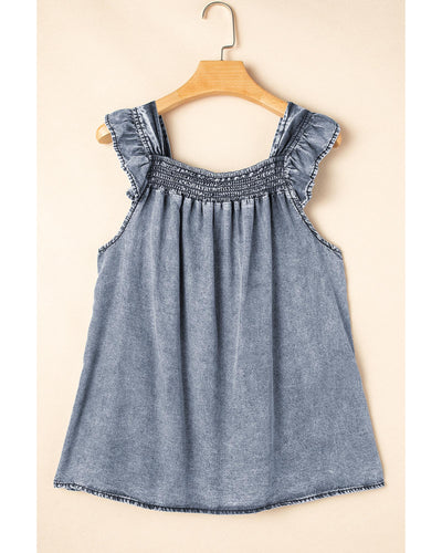 Ashleigh Blue Ruffled Shirred Neckline Sleeveless Denim Tank Top - M