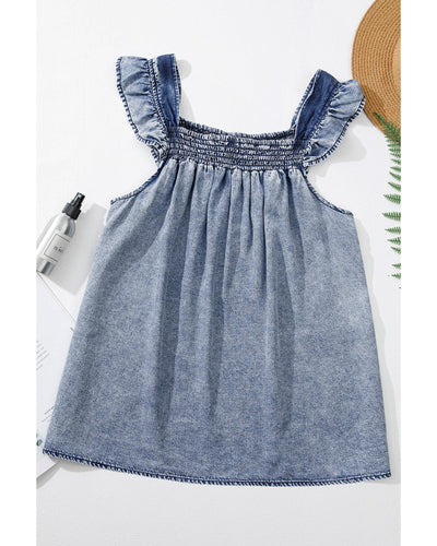 Ashleigh Blue Ruffled Shirred Neckline Sleeveless Denim Tank Top - M
