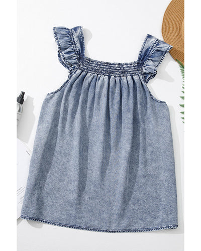 Ashleigh Blue Ruffled Shirred Neckline Sleeveless Denim Tank Top - M