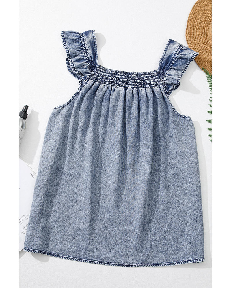 Ashleigh Blue Ruffled Shirred Neckline Sleeveless Denim Tank Top - M