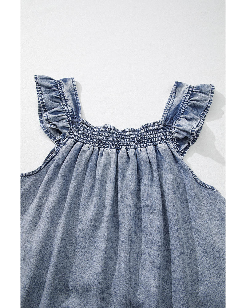 Ashleigh Blue Ruffled Shirred Neckline Sleeveless Denim Tank Top - M