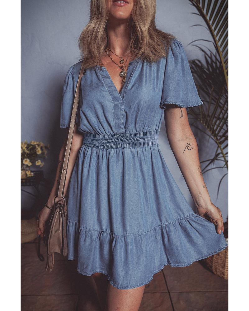Ashleigh Blue Ruffled V Neck Smocked High Waist Denim Mini Dress - L