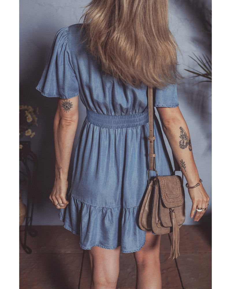 Ashleigh Blue Ruffled V Neck Smocked High Waist Denim Mini Dress - L