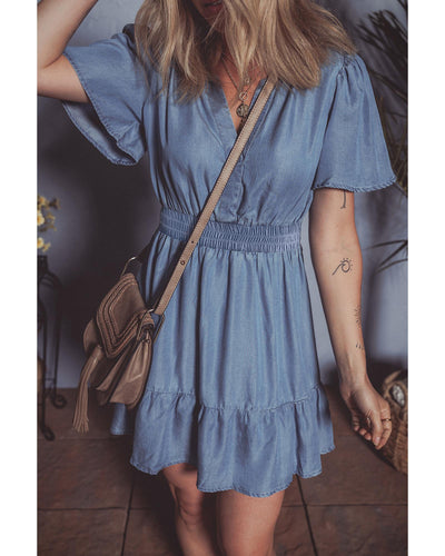 Ashleigh Blue Ruffled V Neck Smocked High Waist Denim Mini Dress - L