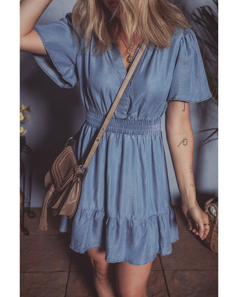 Ashleigh Blue Ruffled V Neck Smocked High Waist Denim Mini Dress - L