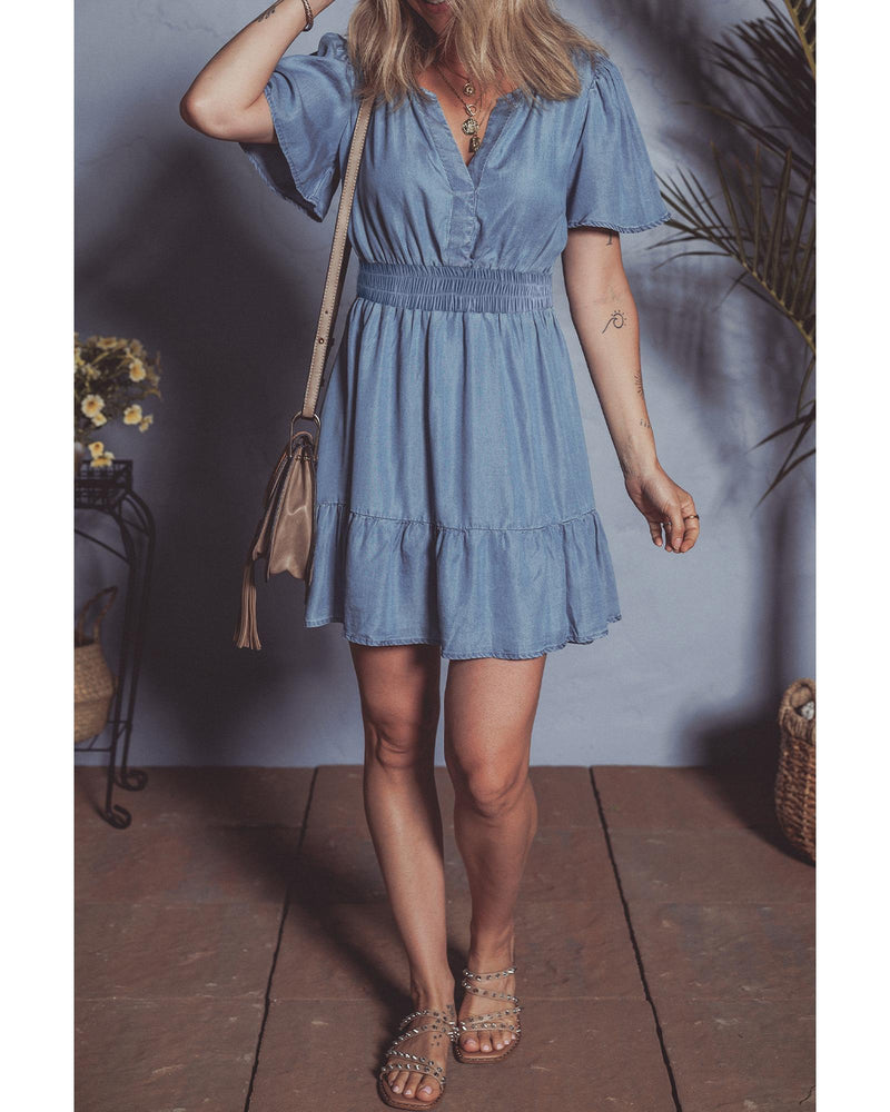 Ashleigh Blue Ruffled V Neck Smocked High Waist Denim Mini Dress - L
