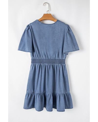 Ashleigh Blue Ruffled V Neck Smocked High Waist Denim Mini Dress - L