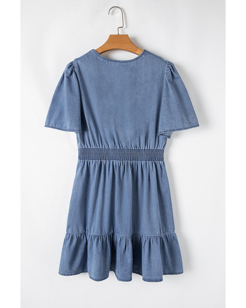 Ashleigh Blue Ruffled V Neck Smocked High Waist Denim Mini Dress - L