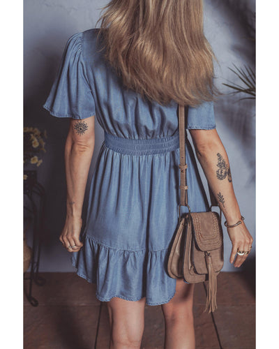 Ashleigh Blue Ruffled V Neck Smocked High Waist Denim Mini Dress - S