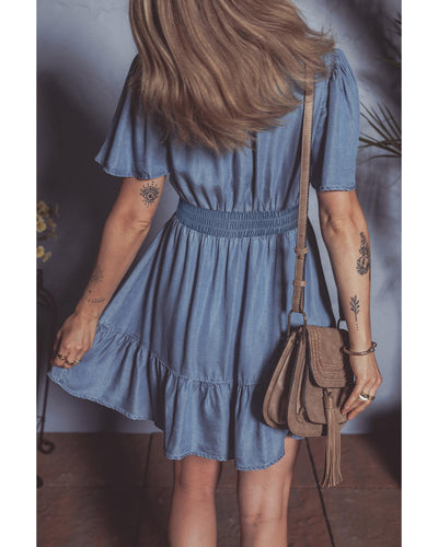 Ashleigh Blue Ruffled V Neck Smocked High Waist Denim Mini Dress - S