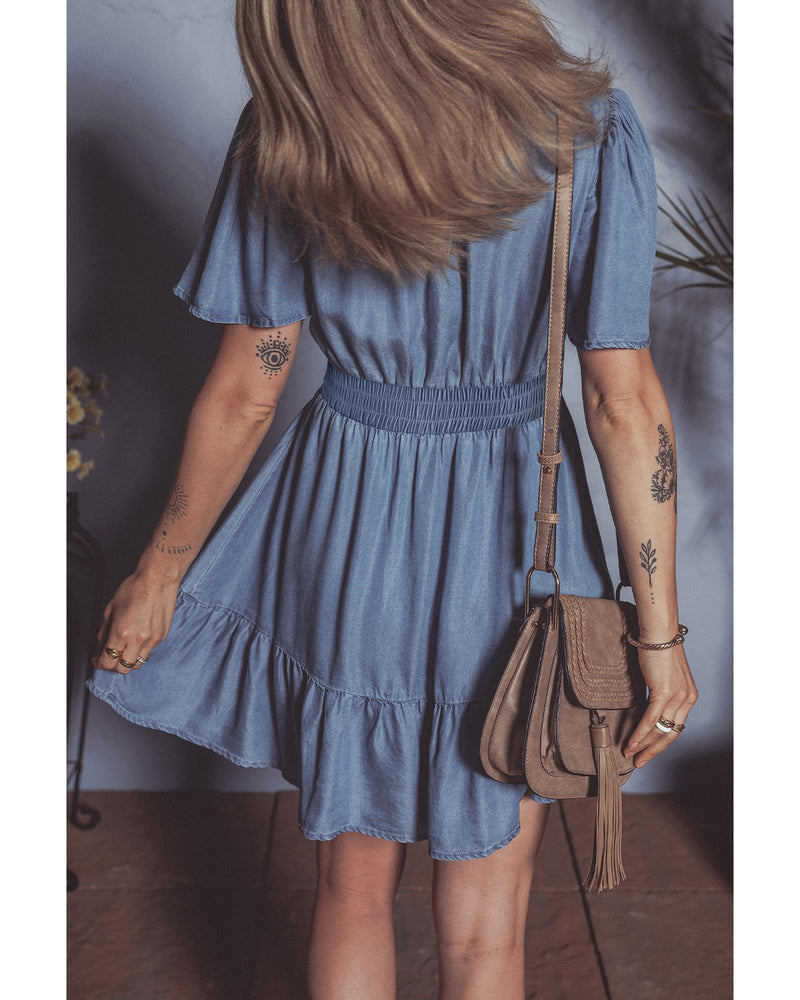 Ashleigh Blue Ruffled V Neck Smocked High Waist Denim Mini Dress - S