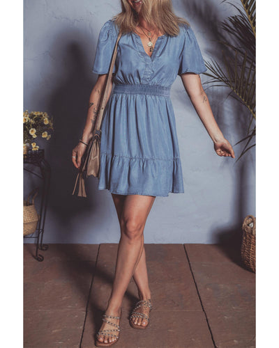 Ashleigh Blue Ruffled V Neck Smocked High Waist Denim Mini Dress - S