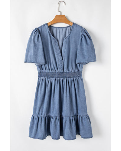 Ashleigh Blue Ruffled V Neck Smocked High Waist Denim Mini Dress - S