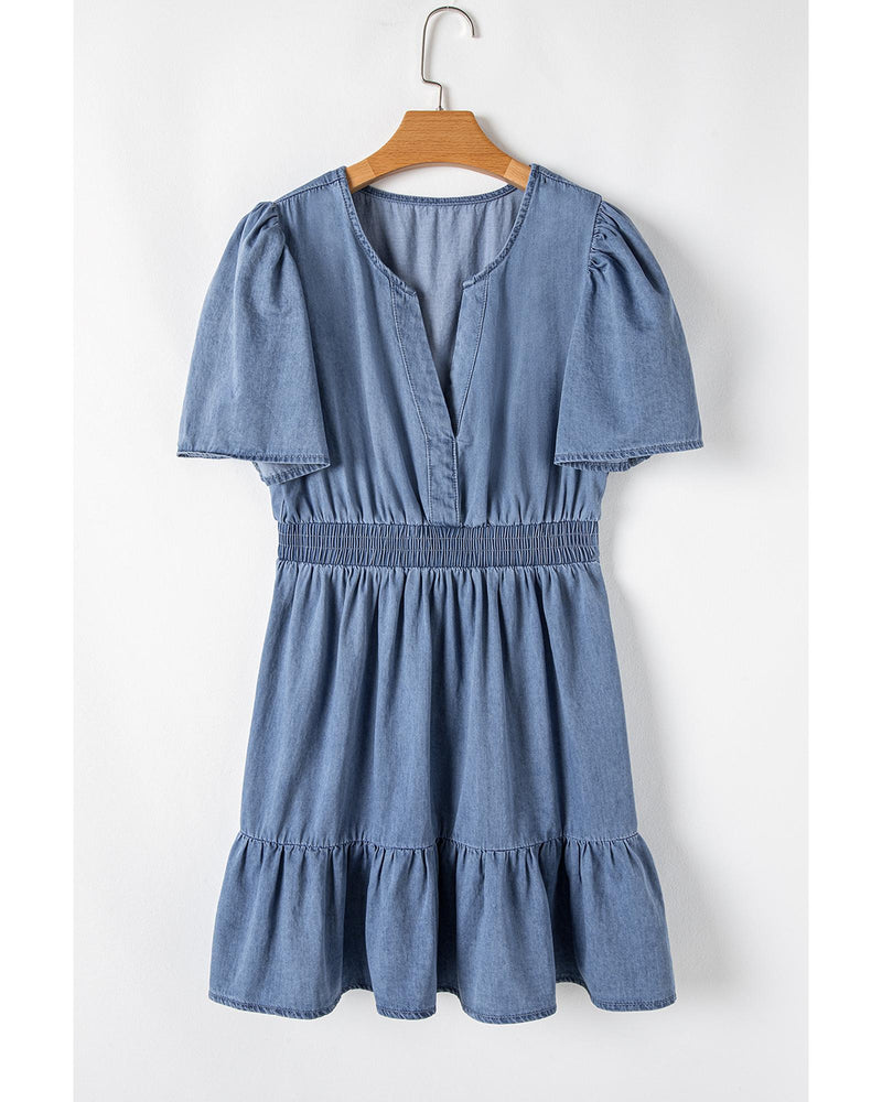Ashleigh Blue Ruffled V Neck Smocked High Waist Denim Mini Dress - S