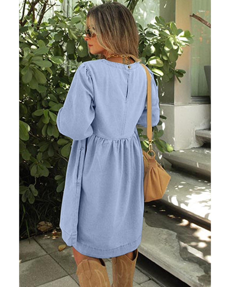 Beau Blue Denim Button Detail Babydoll Square Neck Mini Dress - L
